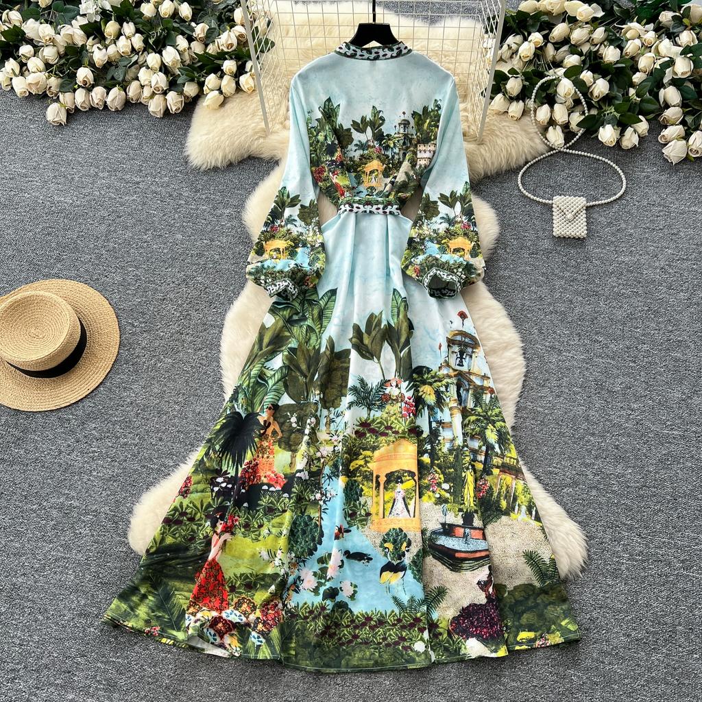 Summer Autumn Women Vintage Print V-neck Full Sleeve Single Breasted Long Maxi Holiday Seaside Dresses