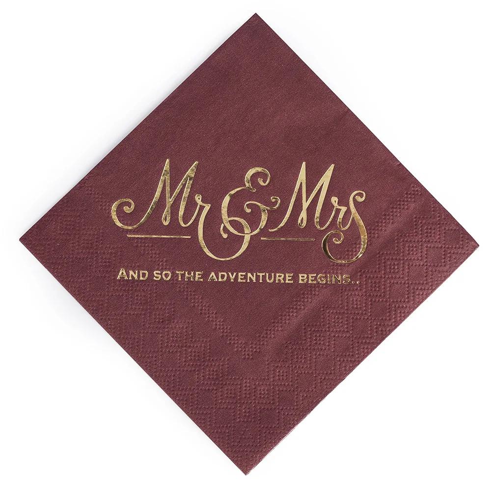 100PCS Mr&Mrs Wedding Paper Napkins Disposable 10inch Bronzing Cocktail Beverage Dessert Napkins Wedding Anniversary Party Decor