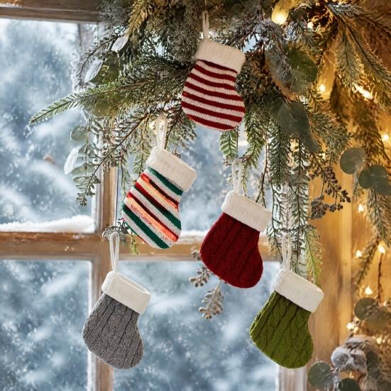 Christmas Tree Hanging Decor Mini Knitted Stocking Ornaments, Knit Xmas Decor, Small Holiday Decorative Socks Pendants for Tree, Mantel, Doorway Party
