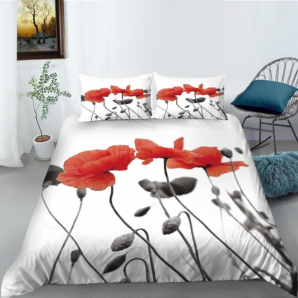 3D Ink Flower Series Bedding Set with Classical Flower Painting Style Quilt and Pillow Covers 2/3 Pieces of Microfiber Fabric Soft Home Decoration