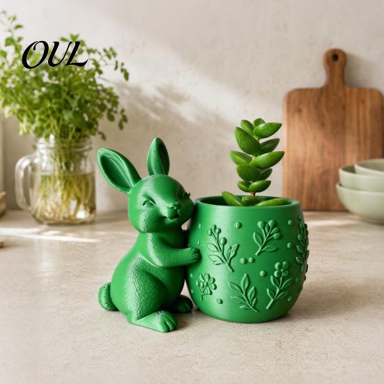 Small Desktop Planter 3D Printed Bunny Hugging Succulents Planter, Cute Rabbit Flower Pot with Embossed Ornament Floral Body, Mini Desk Decor