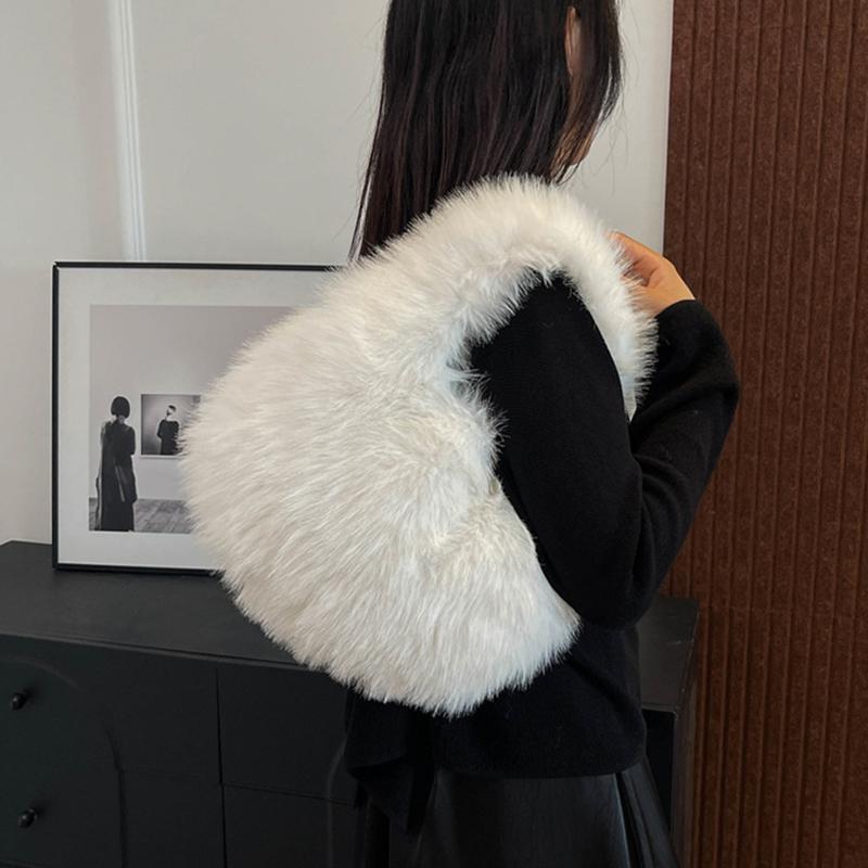 Luxury Soft Plush Half Moon Bag Faux Fur Fluffy Lady Handbags Female Winter Purse Party Clutch Bag Casual Tote Bag