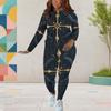 Women Plus Size Dark Blue Gold Printed Round Neck Long Sleeve Top Fitted Pants Two Piece Set