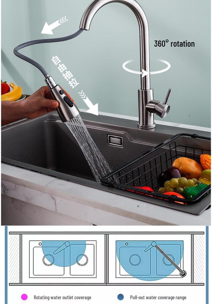 Rotatable Stainless Steel Pull-out Kitchen Faucet with Hot and Cold Function