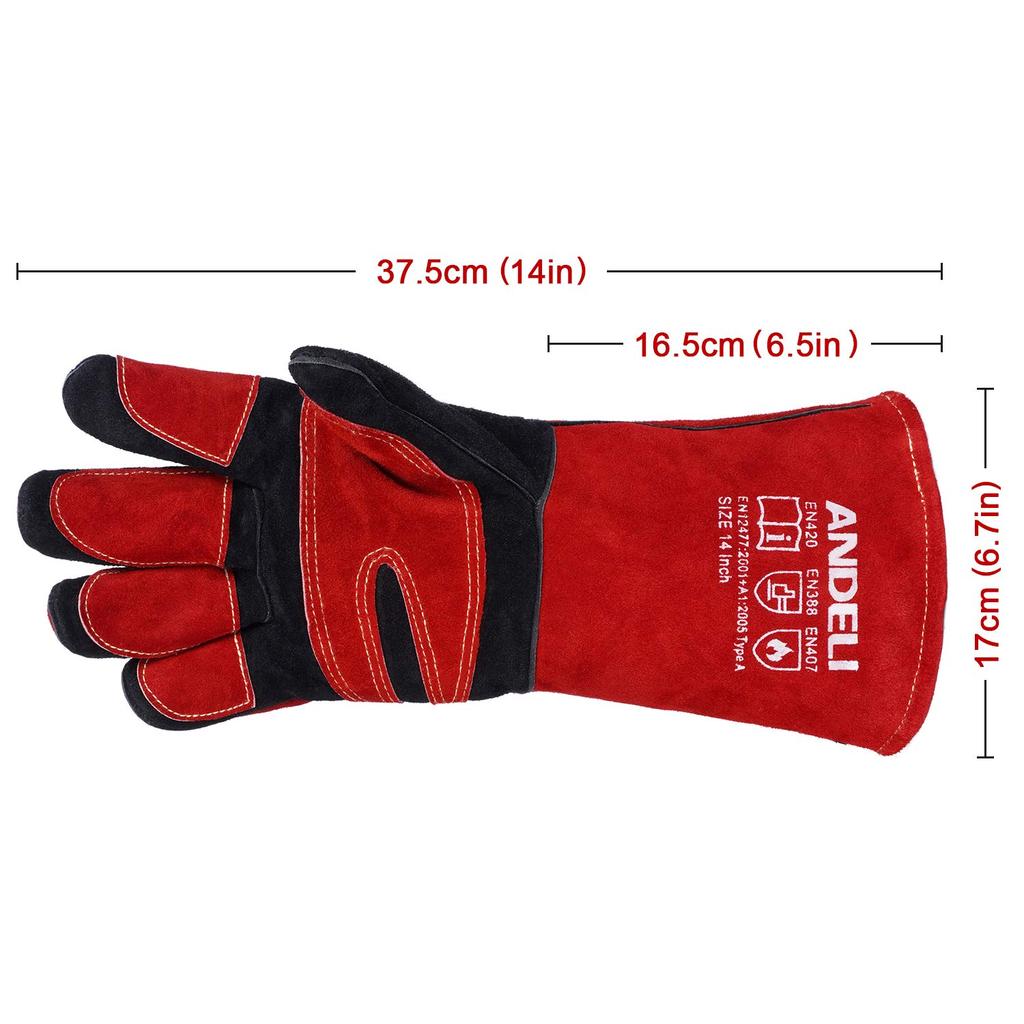 ANDELI Leather MIG Welding Thick and Cowhide Leather Gloves for Fire and Dog Bite Gloves, Soft, Heat-Resistant, Double-Layer Welding, Potholders,