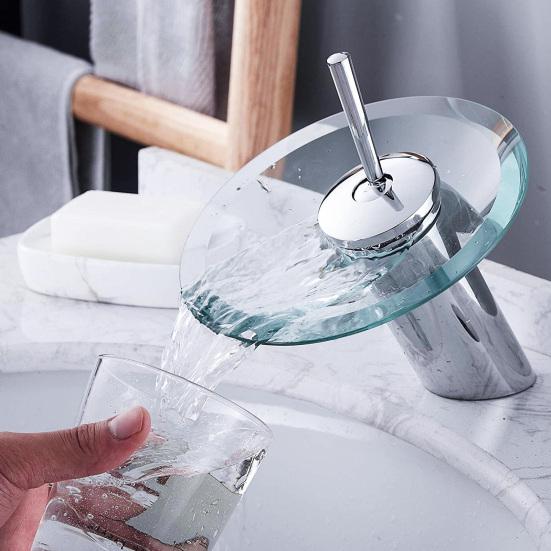 Waterfall Bathroom Sink Faucet 1 Handle Single Hole Glass Basin Tap Water Switch