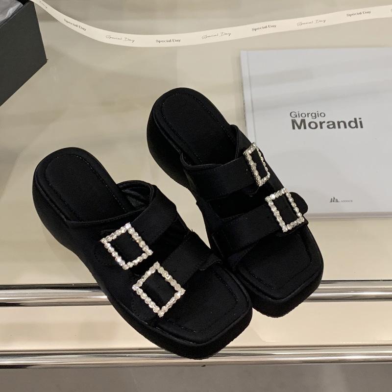 Slope Heel Cool Slippers Summer New Age-reducing Rhinestone Double Buckle One-word Belt Buckle Sandals Casual Thick-soled Slippers