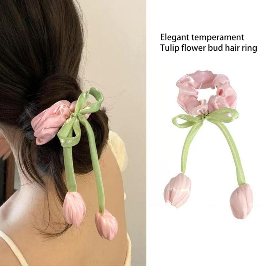 Cute Tulip Flower Large Intestine Scrunchie for Girls Sweet Head Ornament Headband Ribbon Hair Tie Fashion Hair Accessories