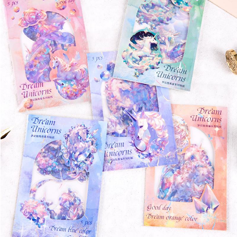 5 styles 100pcs A dream unicorn series shell light PET material DIY sticker Junk Journal Supplies handmade Scrapbooking Material