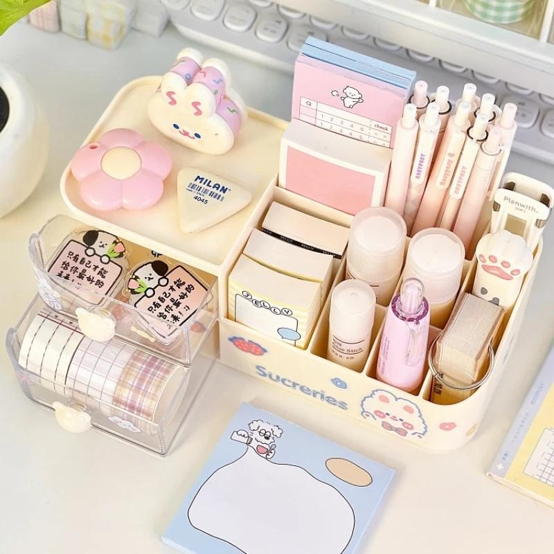 2024 New Desktop Storage Box Organizer Cute Bear Handle Drawer Type Desk Organizer Multi-grid Pen Holder with Kawaii Stickers