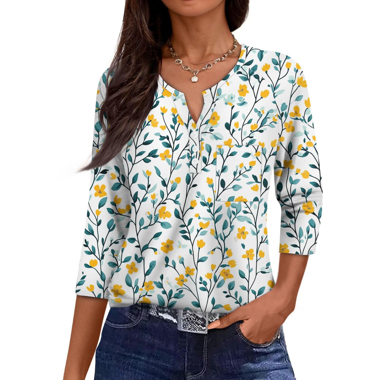 

Жіноча Повсякденна Мода V-подібний Виріз Вільний Універсальний Квітковий Принт Рукави Три Чверті XL жовтий