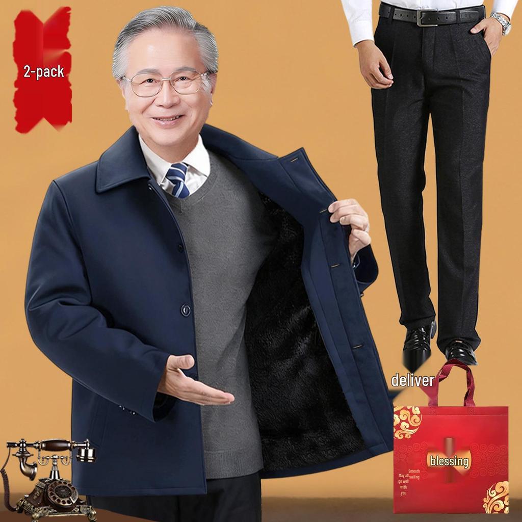 Elderly Men's Winter Fleece-Lined Cotton Jacket, Short Style for Ages 50-70