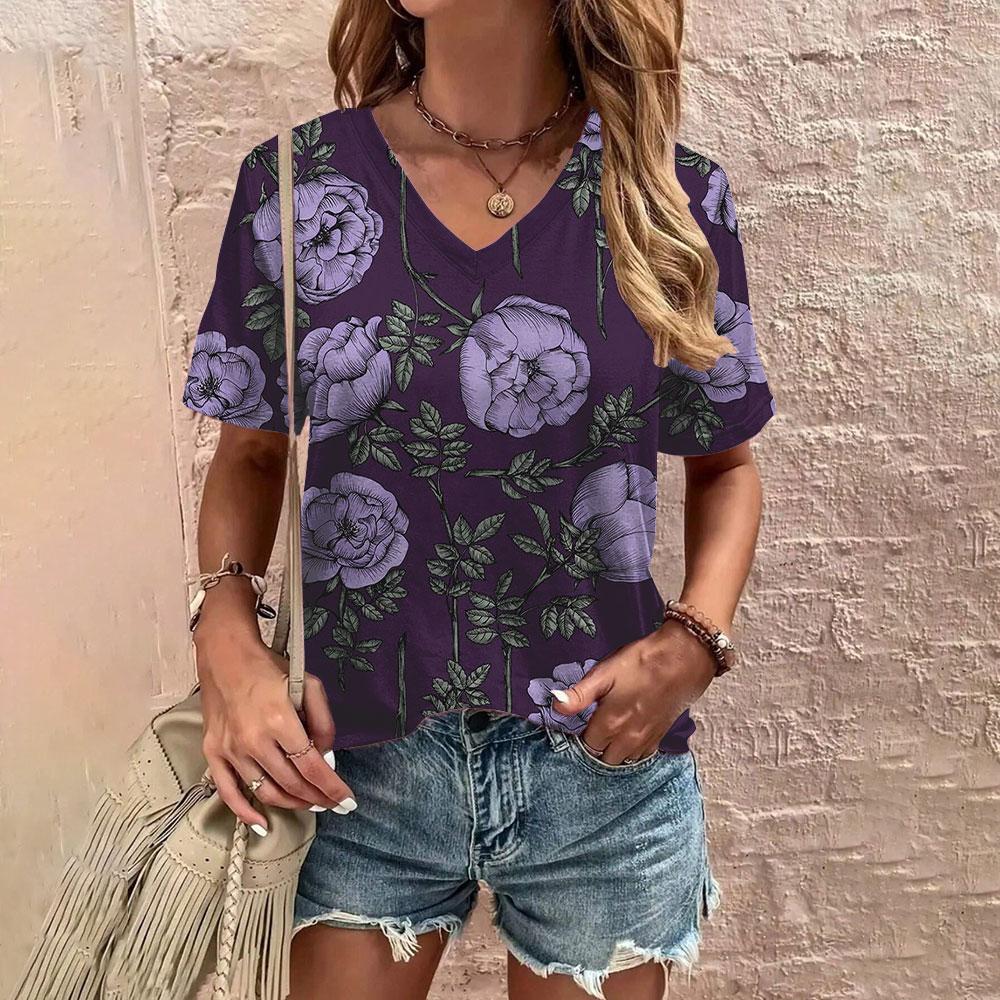 

Летняя удобная женская футболка с модным цветочным узором и принтом для отдыха, элегантная футболка с v-образным вырезом, повседневная женская футболка