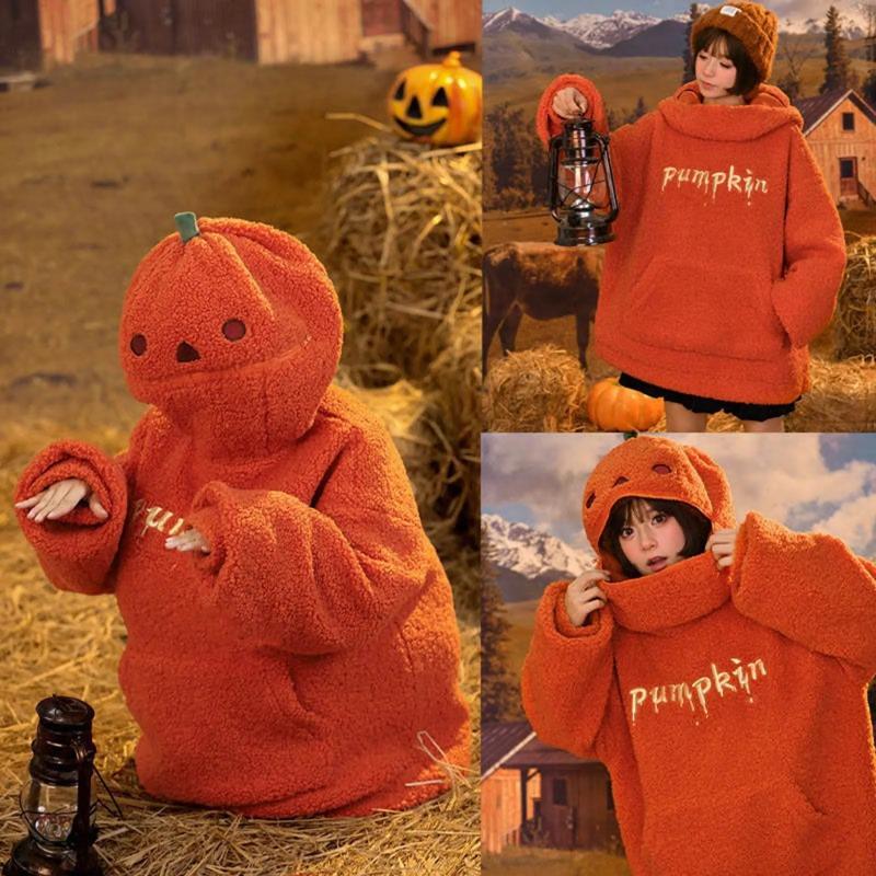 Women Round Neck Lamb Plush Halloween Decorated Hoodie Cute Pumpkin Shaped Embroidery Pellet Fleece Sweatshirt