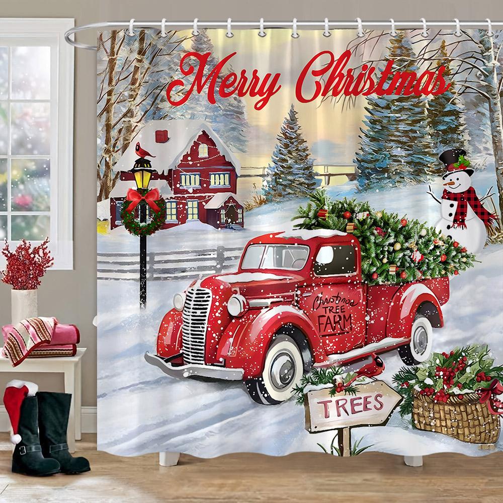 Winter Christmas Shower Curtain Red Truck Snowman Reindeer Snowy Farmhouse Bath Curtain Washable Polyester Fabric Bathroom Decor
