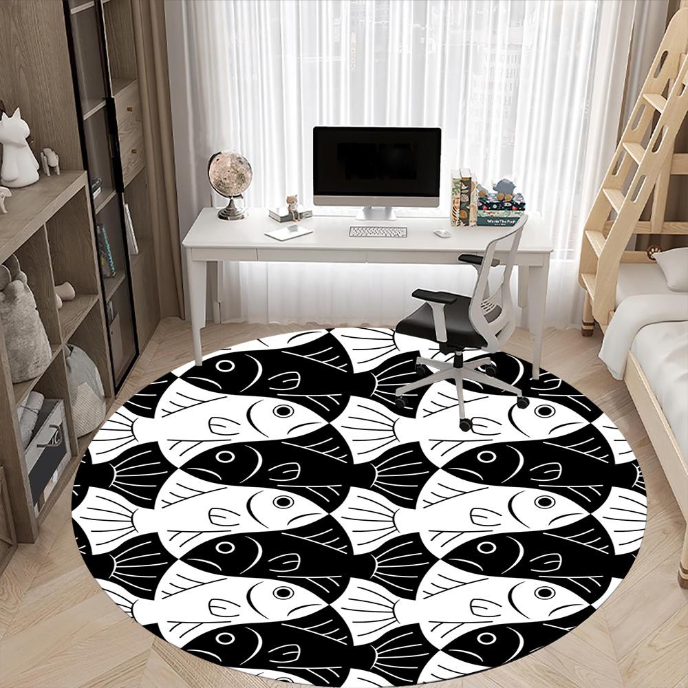 1pc Fish School Office Round Area Rug, Indoor Mat Suitable ForOffice, Under Office Chairs Bedroom Living Room Home Decor, Room Deco t280
