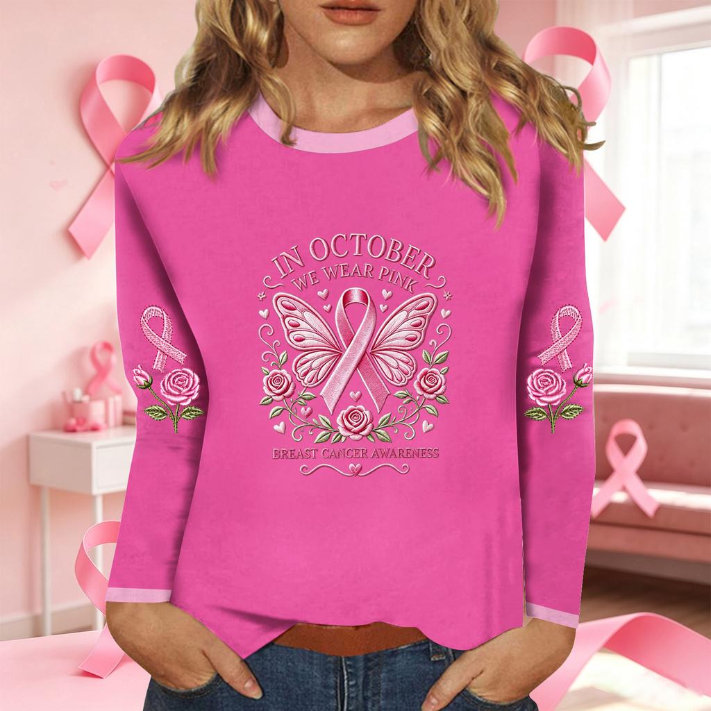 Women's Casual Long Sleeve Ribbon Print Round Neck Top