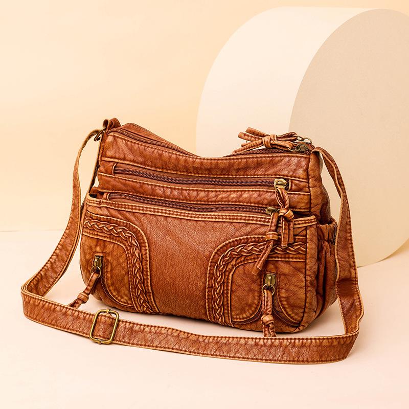 Vintage Stil Crossbody Çanta, PU Deri Omuz Çantası, Kadınlar İçin Dokuma Çok Cepli Çanta