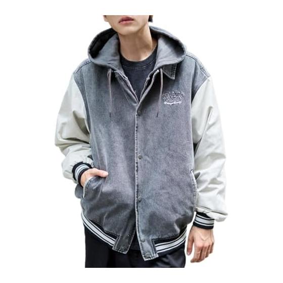 [Wego] Unisex Denim Stadium Jacket Outerwear Oversized Loose Clothes Autumn Clothes Winter Clothes Street Gift Present Men s