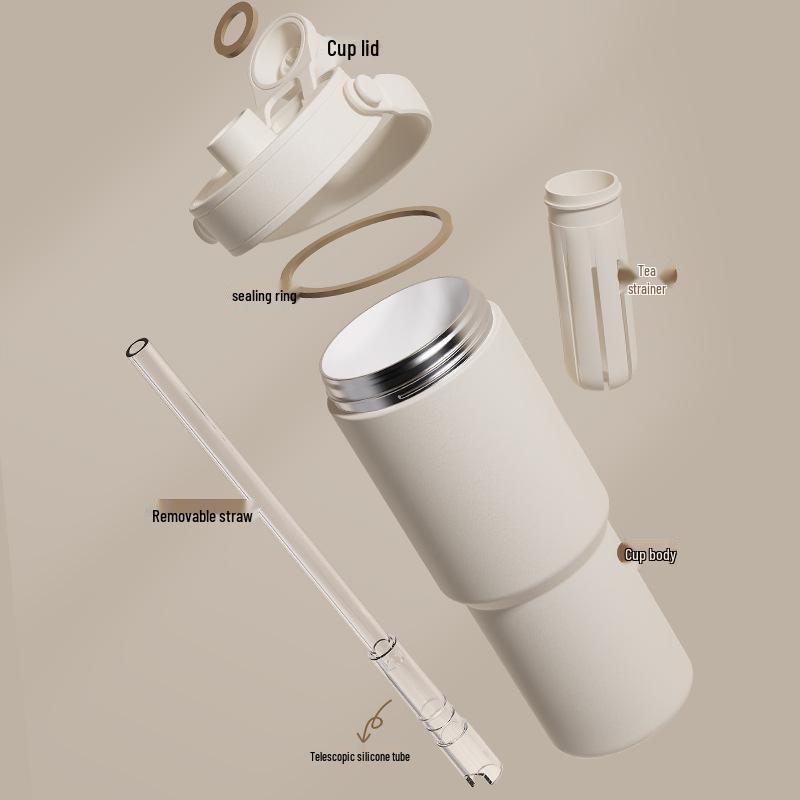 High-Capacity Dual-Use Insulated Cup with Straw, 316 Stainless Steel and Ceramic Liner, Portable Travel Companion