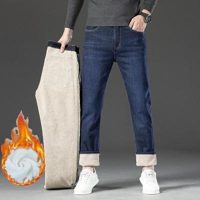 Winter Lamb Fluff Denim Straight Pants Men Thicken Big Size 40 Jeans High Waist Stretch Jeansy Fleece Lined Warm Slim