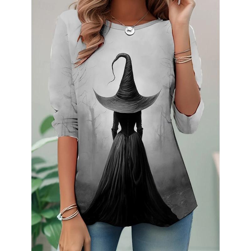 Ladies' Halloween Pattern Printed Round Neck Long Sleeved T-shirt Fashionable Casual Top Pullover Clothing