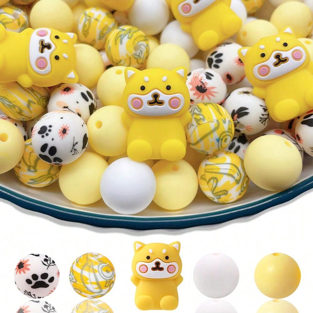 30PCS Silicone Bead Set - Cute Dinosaur, Plant & Flower Designs for DIY Jewelry, Keychains, Bracelets & Craft Pens