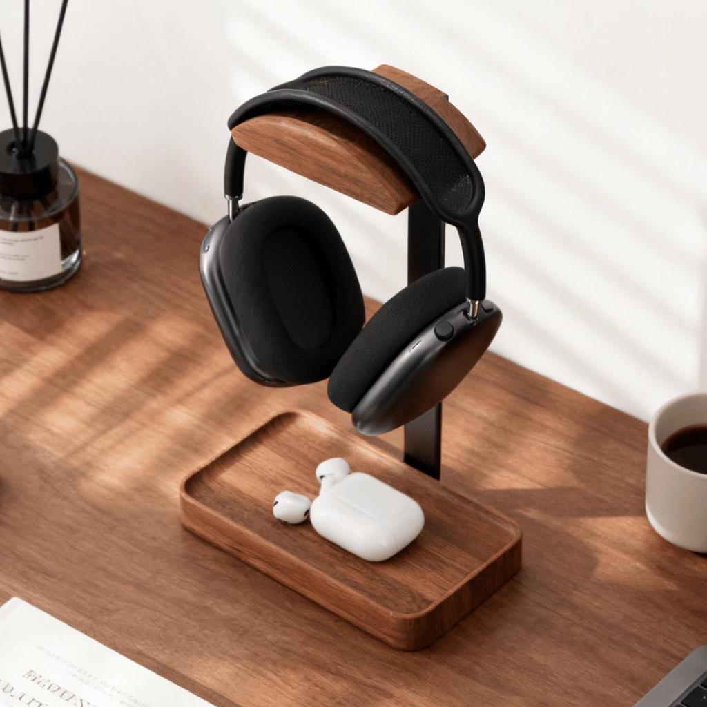Solid Wood Headphone Stand with Base Storage - E-sports Gaming Hanger