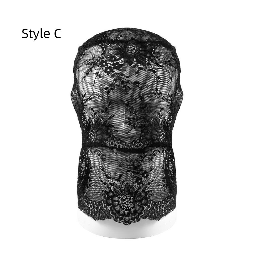 Women Sexy Black Lace Full Face Mask, Stretch Mesh Hood with Eye and Mouth Openings for Halloween Cosplay Party