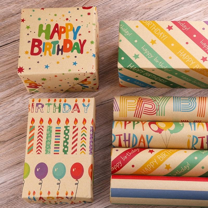 Birthday Gift Wrapping Paper Set Unique Birthday Gift Patterned Wrapping Paper with Tape Card and Straw Rope