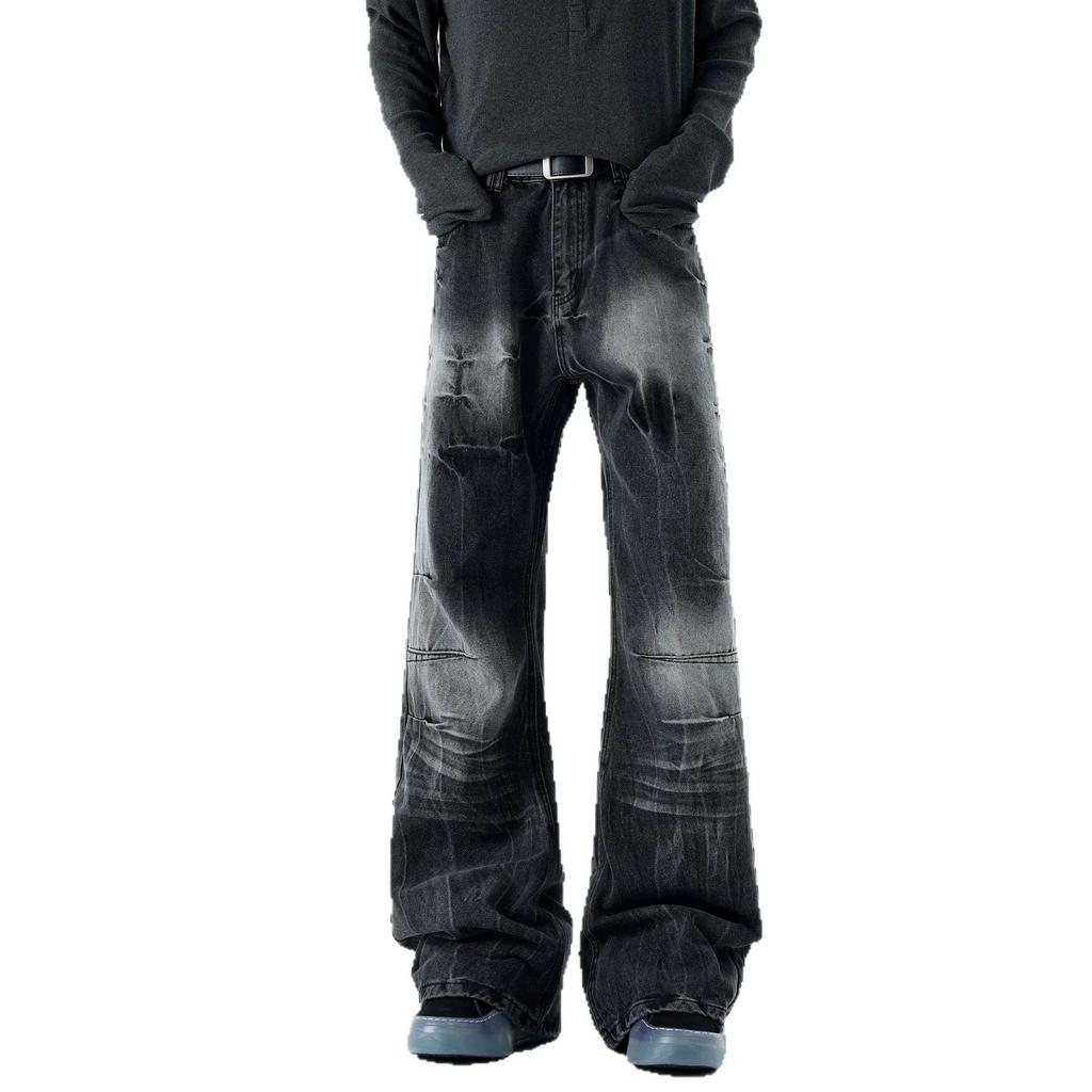 American ins versatile lightning pattern black micro-pull jeans men's autumn new thin trousers casual pants tide