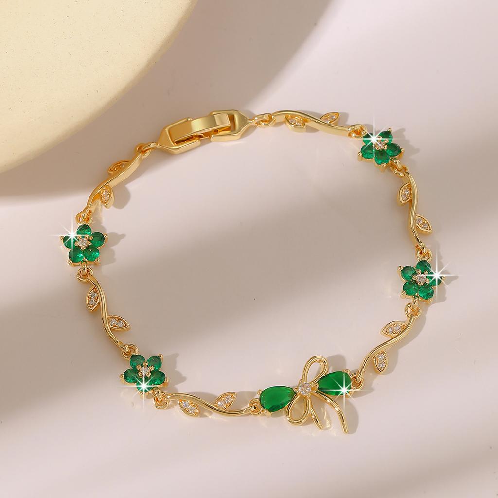 Luxury Gold-Plated Copper Zircon Leaf Bracelet, High Quality Jewelry