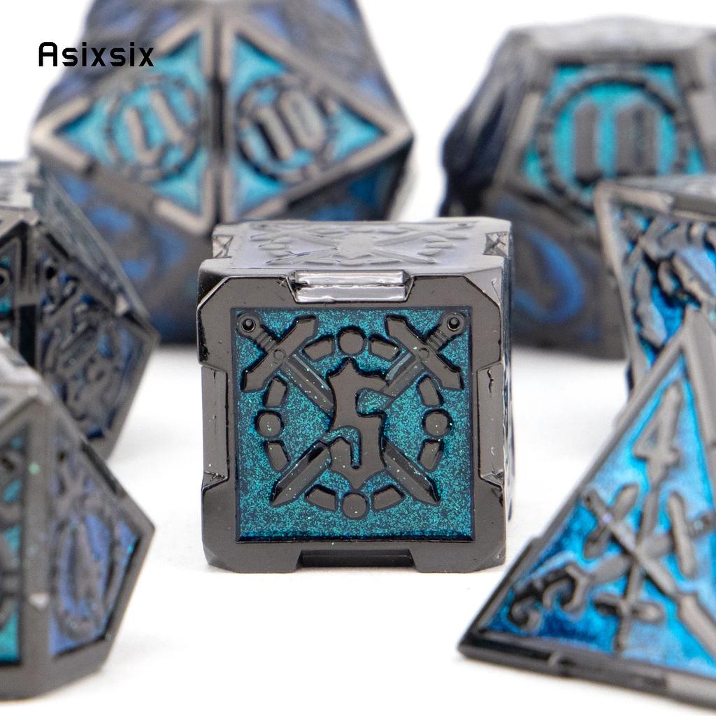 7 Pcs Blue Silver Double Swords Metal Dice Solid Polyhedral Dice Set Suitable For Role-Playing Dice PropBoard Game