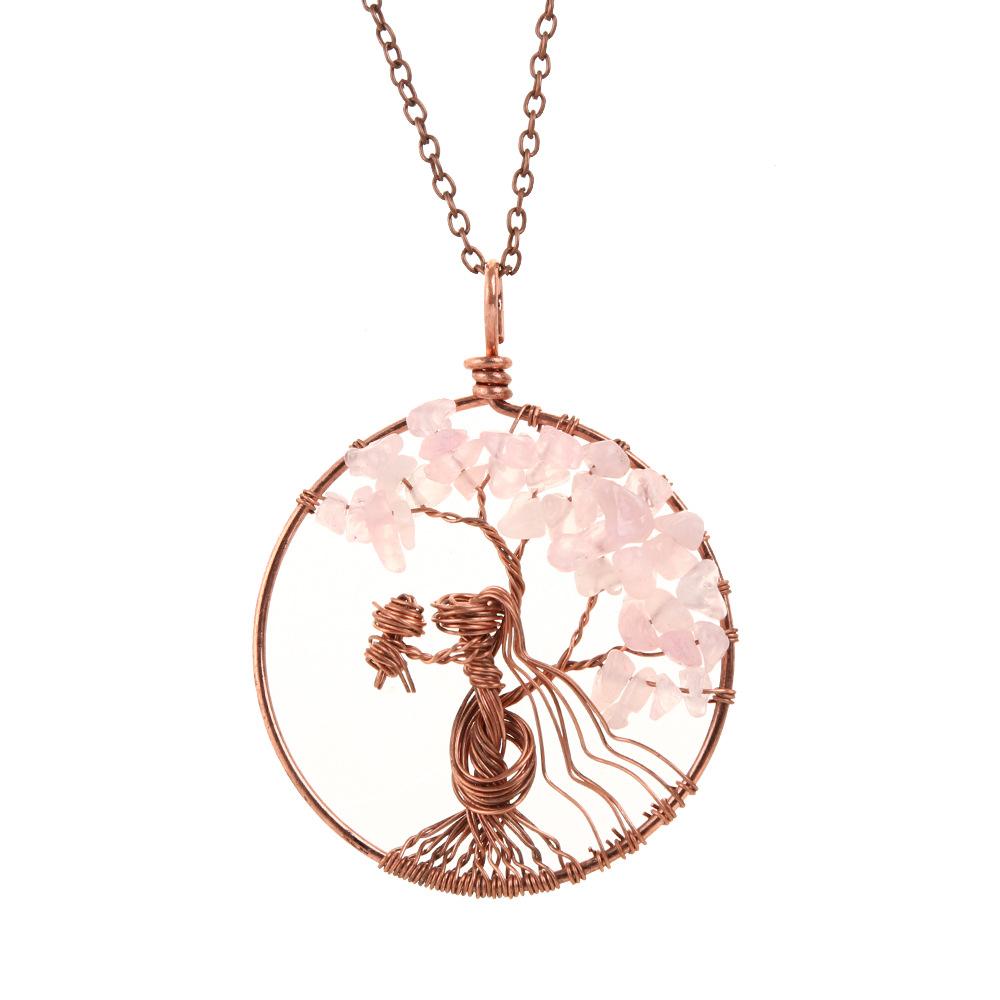 

Hand-Wound Silk Natural Crystal Gravel Tree Of Life Necklace Bouquet Girl Pendant Necklace N59 рожевий кварц кольору