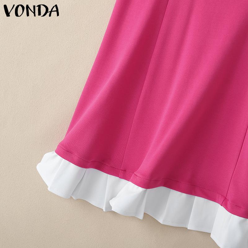 VONDA Summer Women Lace Hem Naval Collar Sleeveless Ruffled Casual Dress