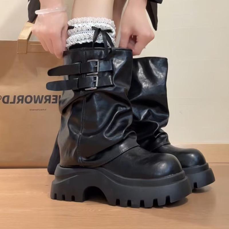 

Belt buckle versatile retro style British style fashion boots women s 2025 autumn and winter new trouser boots heightened thick-soled medium tube 35 чёрный