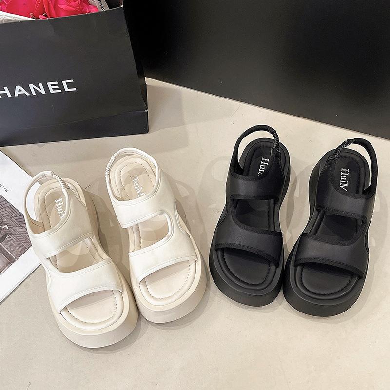 Sommar 2025 nya tjocka muffins strandtofflor dam elastisk tyg sporttofflor mode nisch öppna tåsandaler