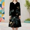 Set Due Pezzi Abito Midi Nero da Donna Taglie Forti Scollo Rotondo Manica Lunga Stampa Farfalle