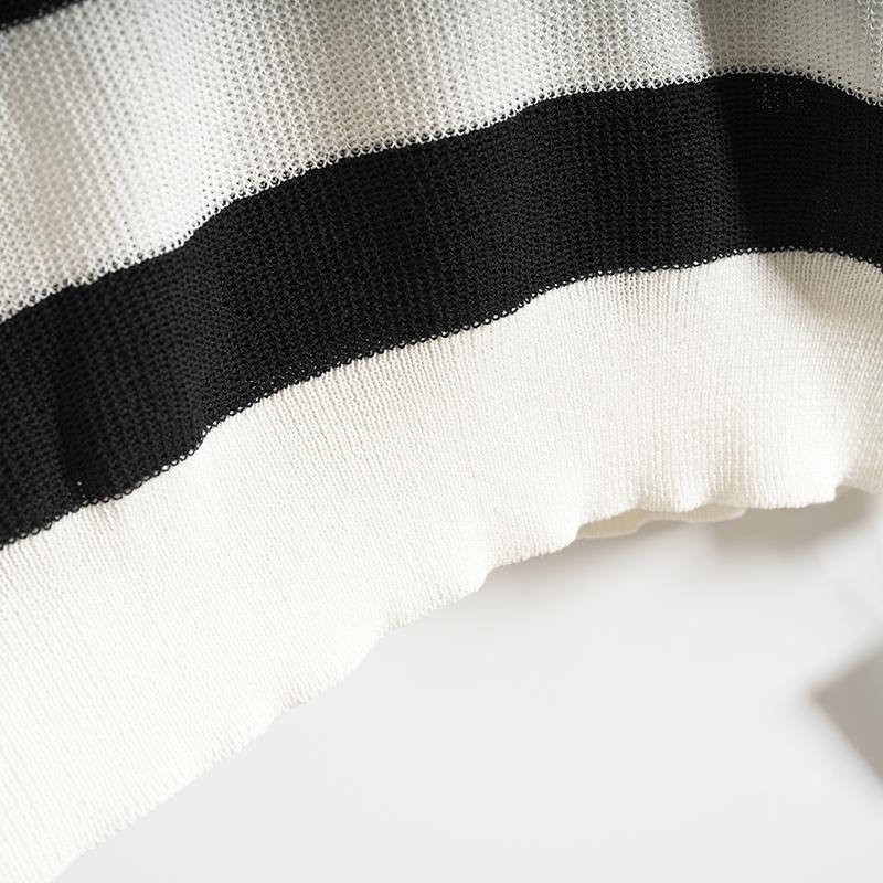 Maslan Spring Fashion Design Versatile Casual Age Reducing Black and White Striped Round Neck Long Sleeve Knitted Shirt