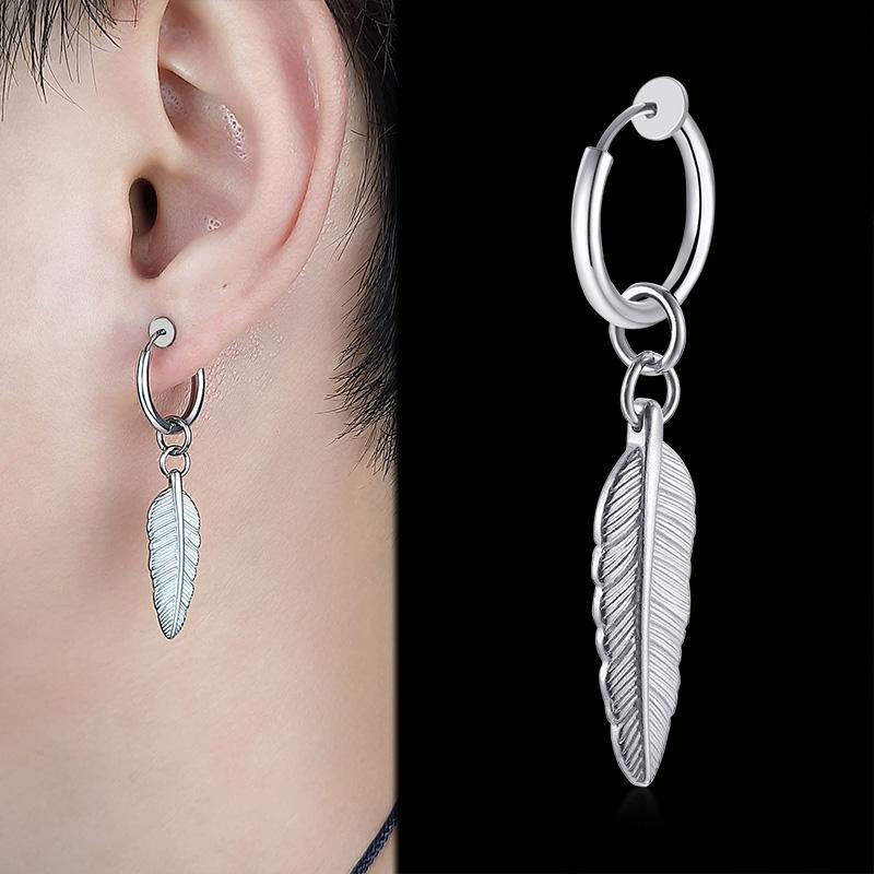 Vnox 1 Piece/Pair Feather Leaf Dangle Earrings for Women Men Jewelry,Stainless Steel Link Chain Drop Punk Ear Clip Accessory