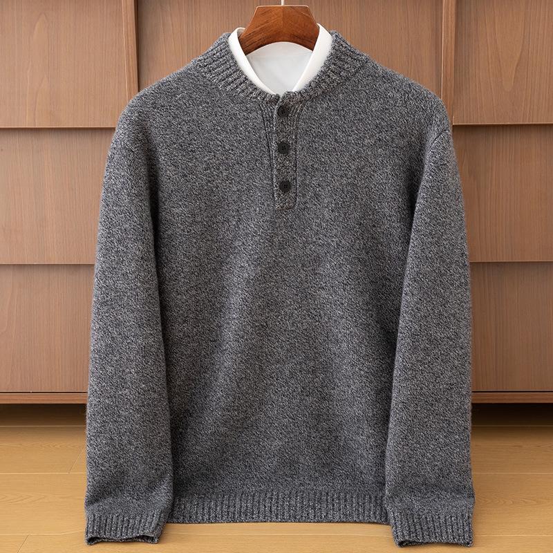 

Men s Cashmere Button-Up Thick Stand Collar Sweater - Loose Fit, Versatile Autumn/Winter Knit Top with Half-High Neck. Medium