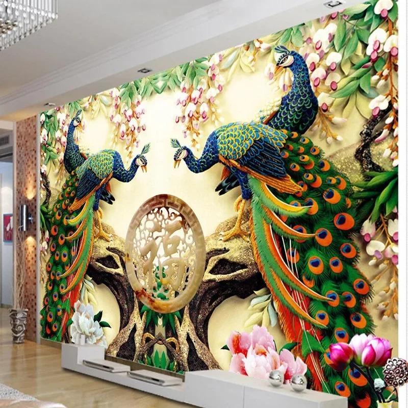Chinese Style Classic Peacock Green Branches 3D Nature Wallpaper Living Room Backdrop Wall Home Decor Non-Woven Mural Wall Paper