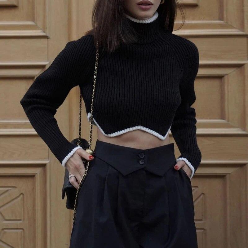 Fashion Turtleneck Irregular Hem Women Short Sweater Autumn Winter Long Sleeve Knitted Pullover Tops Elegant Sueter Mujer 30568