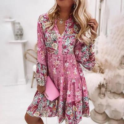 2025 Women Fashion Dress Bohemian Floral Printed V Neck Mini Dresses Casual Loose Elegant Flare Sleeve Lady Beach Holiday Dress