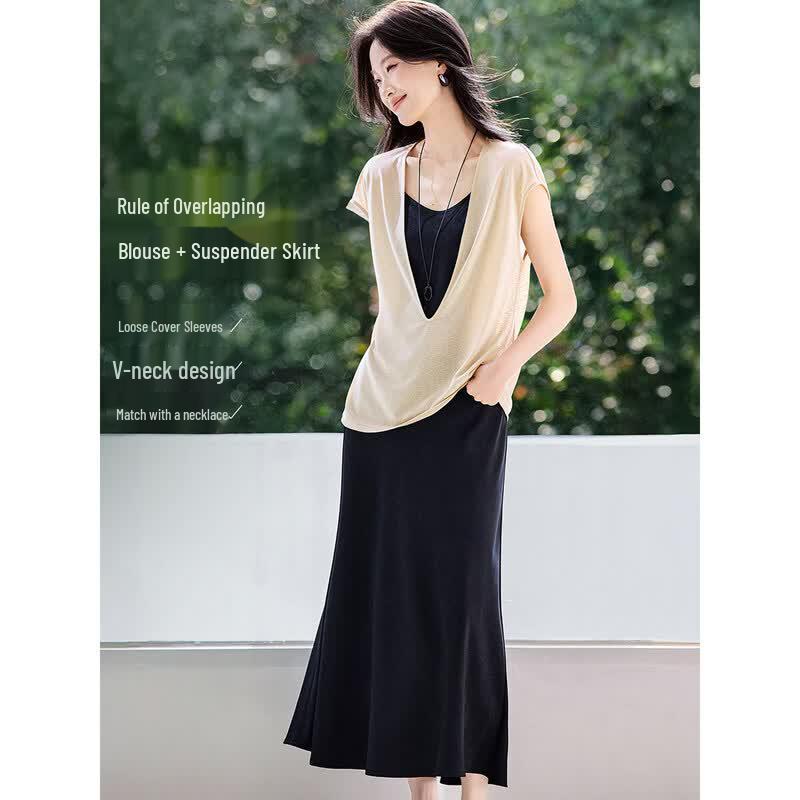 Women s Lyocell V-Neck Top & Cami Dress Set S