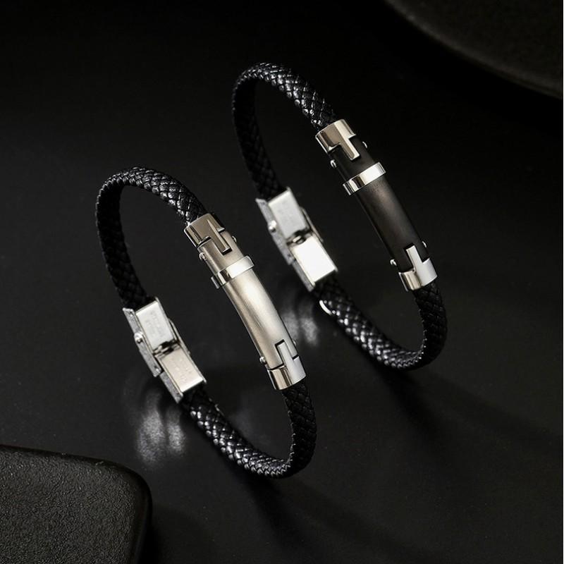 Trendy Cool Black Leather Rope Woven Bracelet Steel Contrasting Color Simple Personalized Versatile Internet Famous Niche Accessory