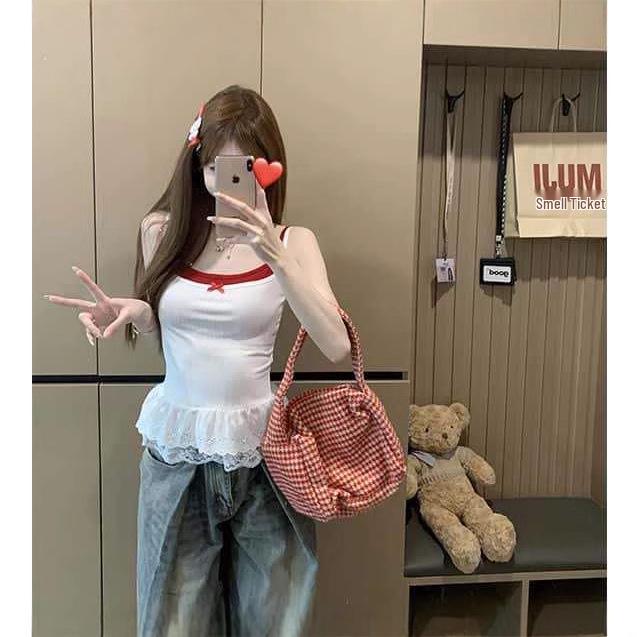 

White Lace Trim Spaghetti Strap Tank Top - Sweet & Spicy Summer Style for Women L [Premium Quality] белый