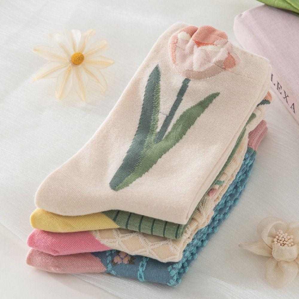 Tulip Lace Socks Warm Cotton Socks Summer Women's Flower Socks  Ladies