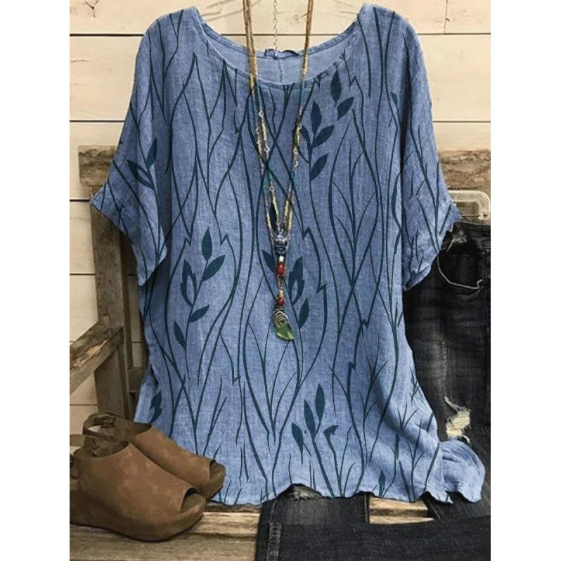 Women Plus Size 5XL Casual Loose Top Shirts Leaves Print Blouse T-shirt Ladies Fashion Vintage Blouse Half Sleeves T-shirt
