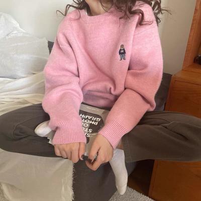 Korean Style Sweater Women Cartoon Bear Embroidery Casual O-Neck Long Sleeve Knitted Sweater Pullover Autumn Winter